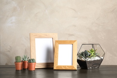 Photo of Succulent plants and photo frames on table near color wall, space for design. Home decor
