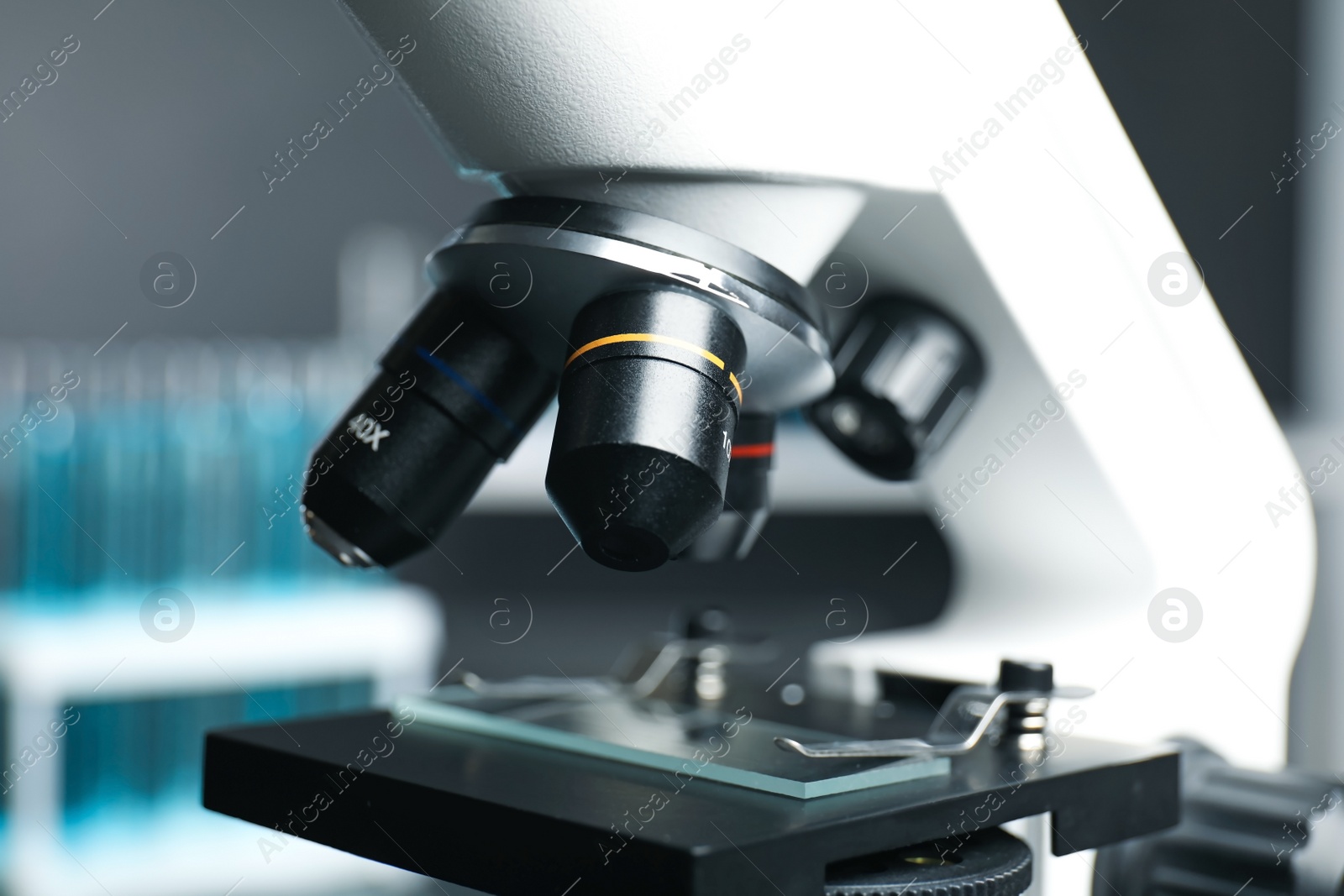 Photo of Closeup view of modern microscope in laboratory. Medical equipment