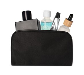 Photo of Preparation for spa. Compact toiletry bag with different cosmetic products isolated on white