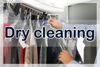 Image of Male worker taking clothes from garment conveyor at dry-cleaner's, closeup