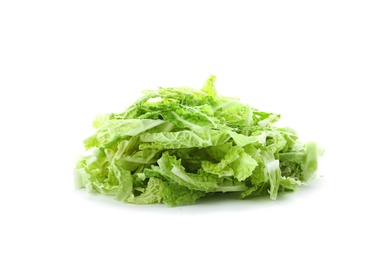 Pile of shredded savoy cabbage on white background