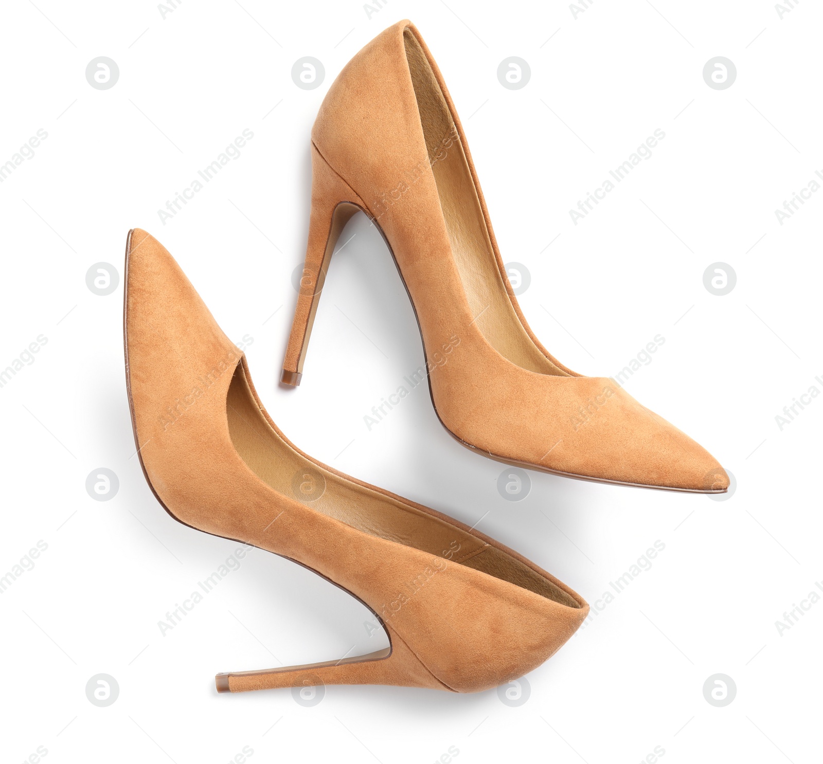 Photo of Pair of beautiful shoes on white background, top view