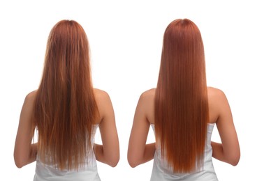 Image of Woman before and after hair treatment on white background, back view. Collage showing damaged and healthy hair