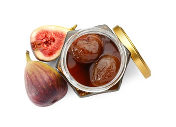 Photo of Jar of tasty sweet jam and fresh figs isolated on white, top view
