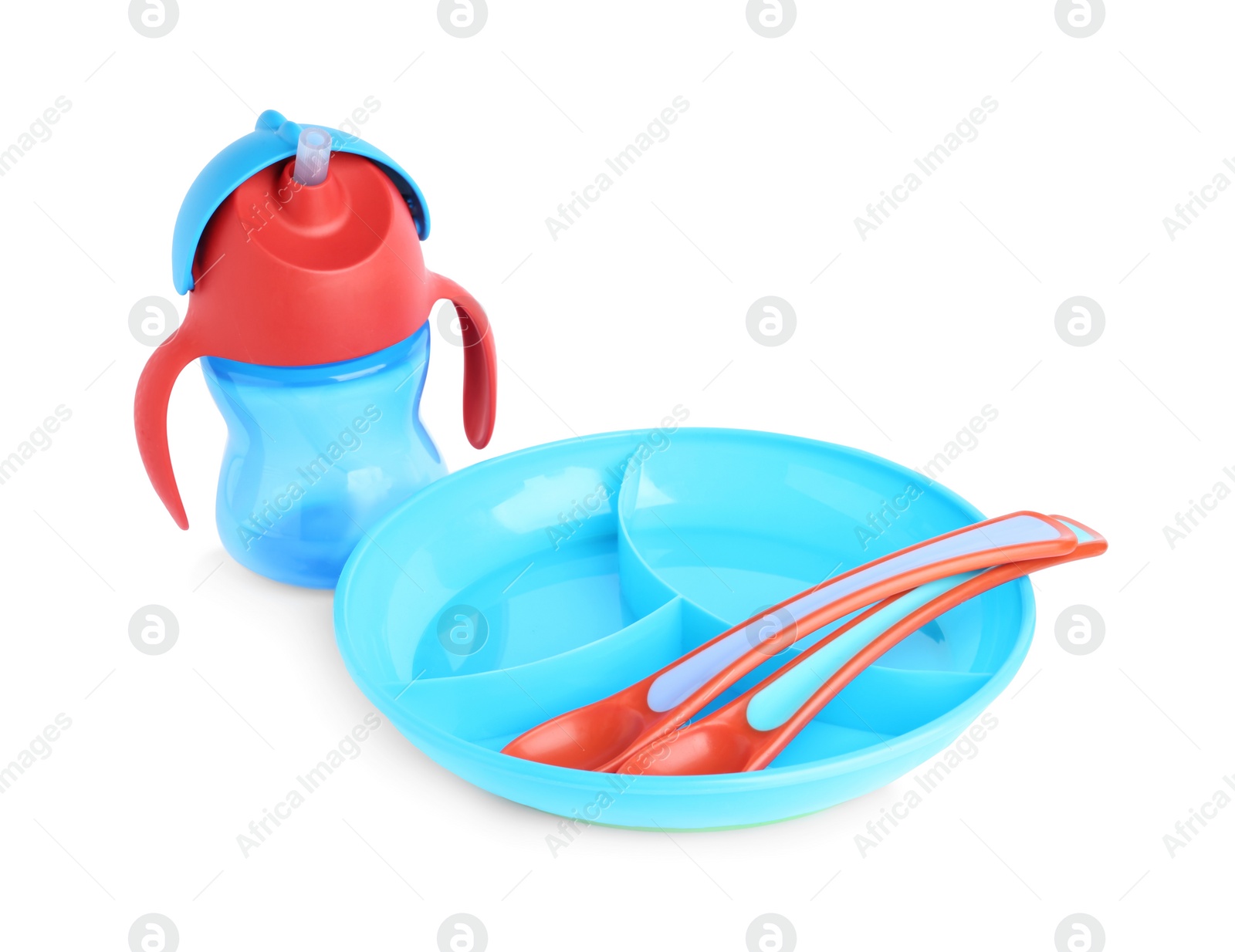 Photo of Set of plastic dishware isolated on white. Serving baby food