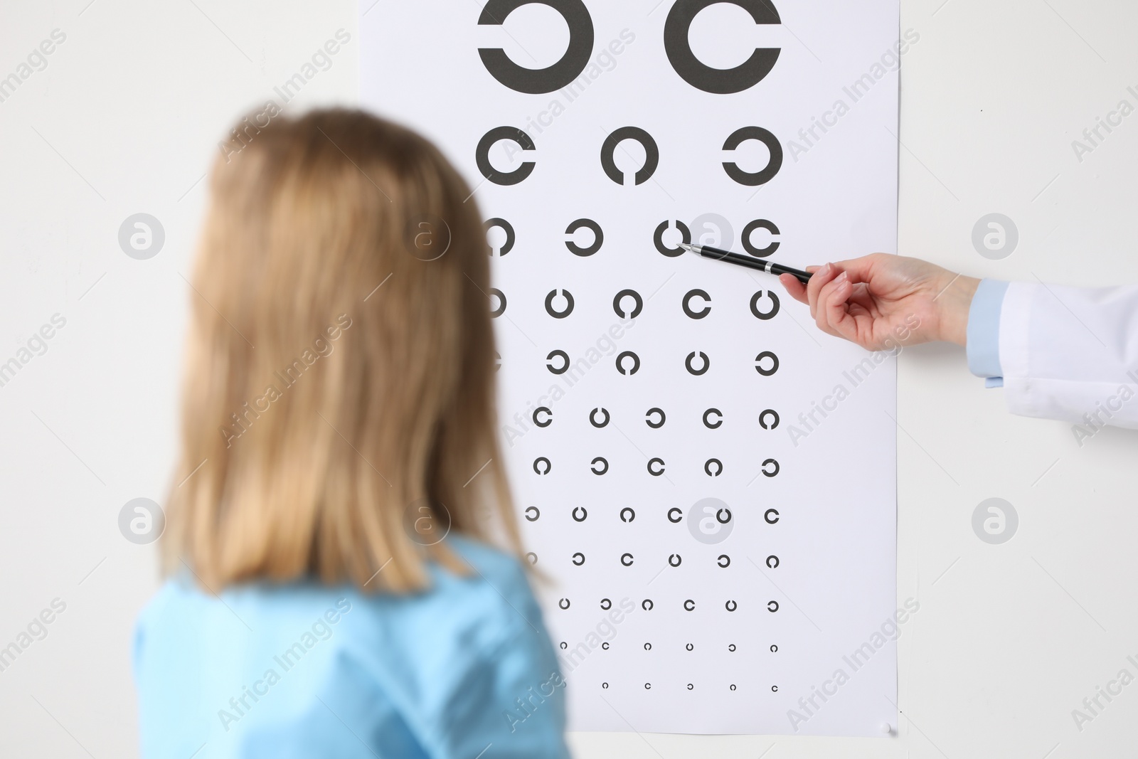 Photo of Ophthalmologist testing little girl's vision in clinic, back view