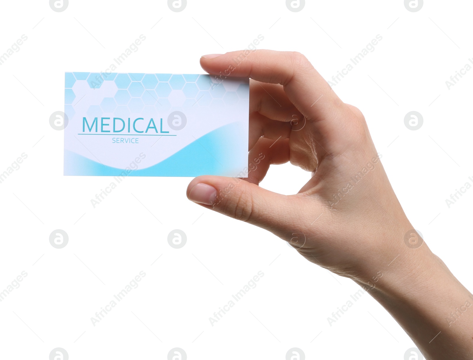 Photo of Woman holding business card isolated on white, closeup. Medical service