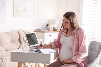 Pregnant woman working at home. Maternity leave