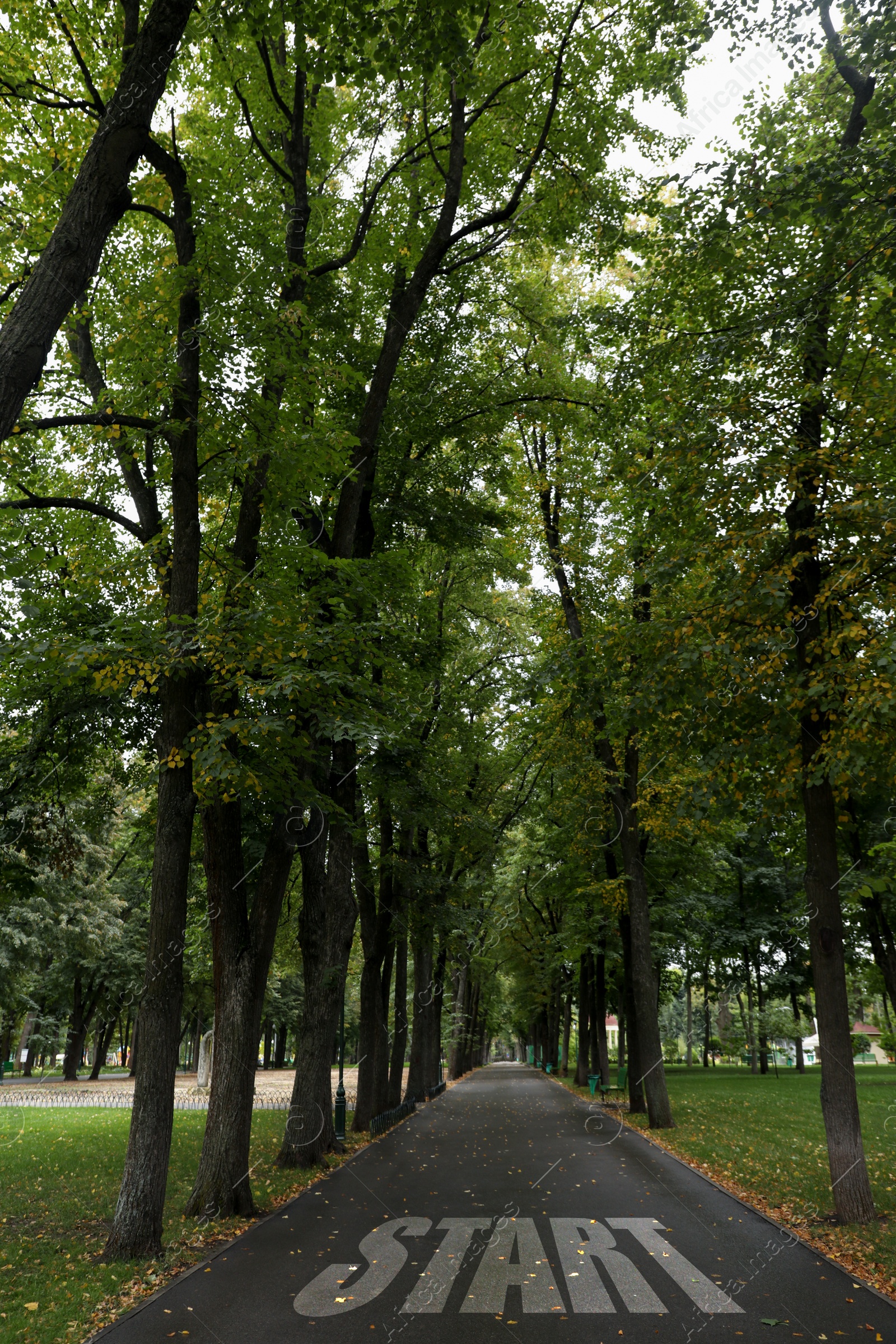 Image of Beautiful view of pathway with word Start in park on autumn day