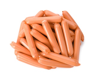 Encased sausages on white background, top view. Meat product