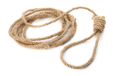 Photo of Rope noose with knot on white background