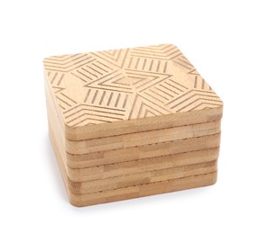 Photo of Stack of wooden cup coasters on white background