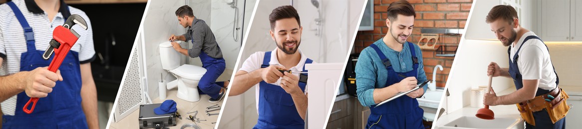 Collage with photos of professional plumbers and their tools, banner design