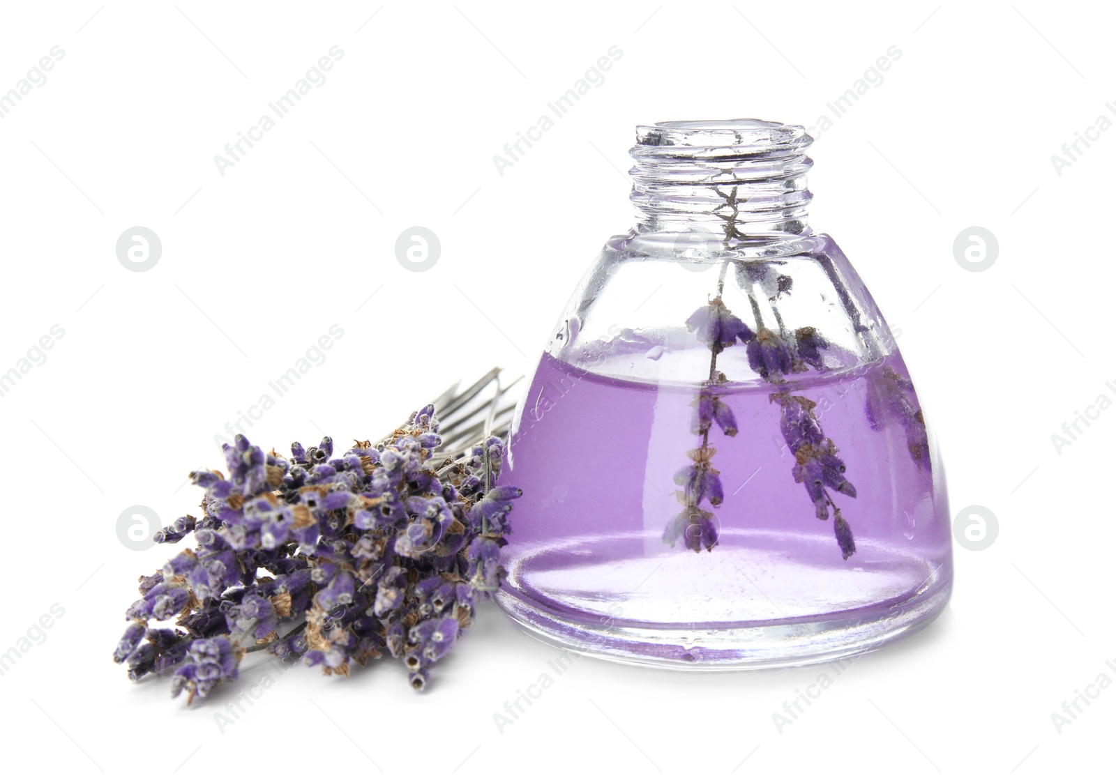 Photo of Bottle with aromatic lavender oil on white background