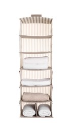 Photo of Foldable organizer with clean towels isolated on white