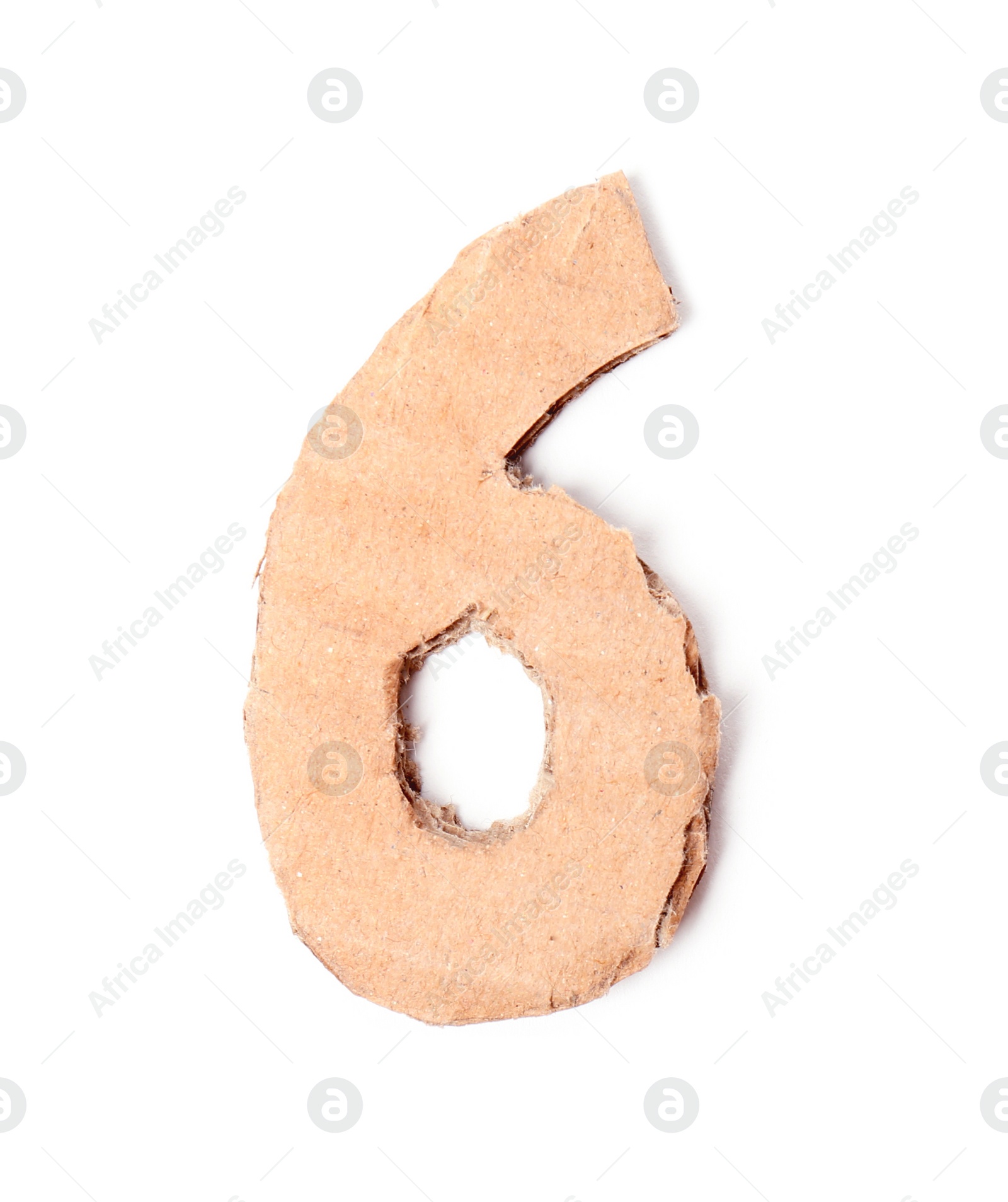 Photo of Number 6 made of brown cardboard on white background