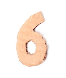 Photo of Number 6 made of brown cardboard on white background