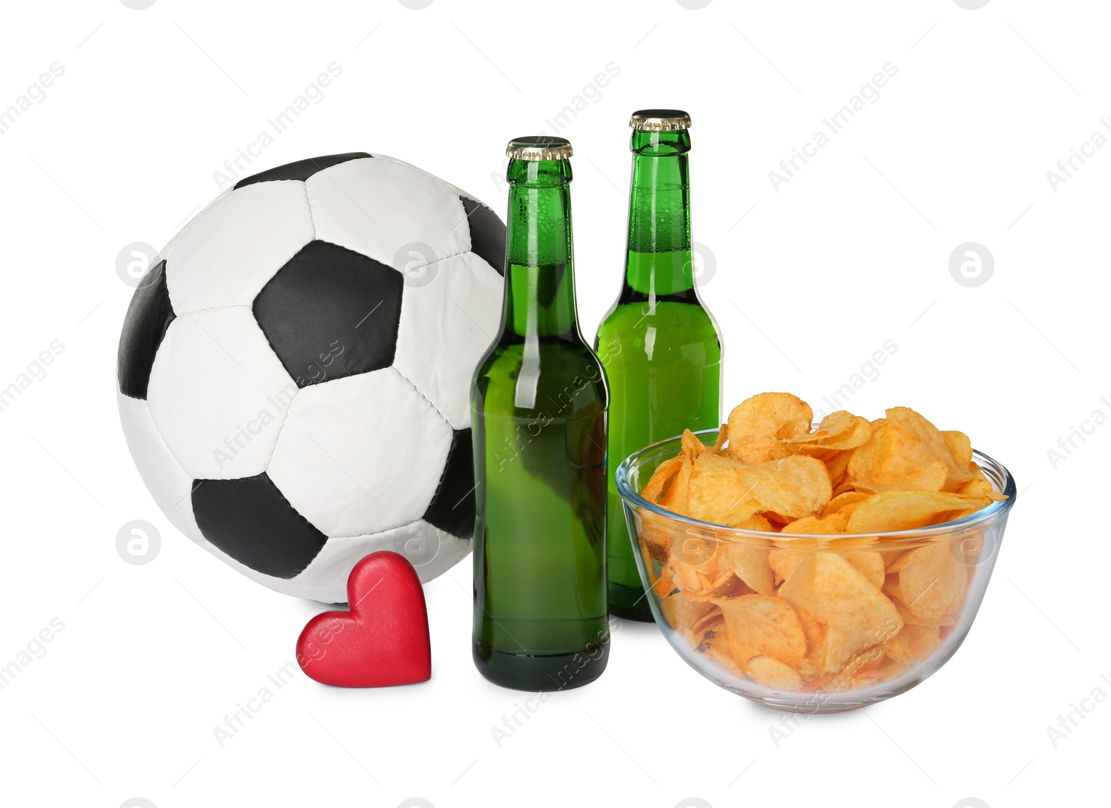 Photo of Soccer ball, beer, chips and heart on white background