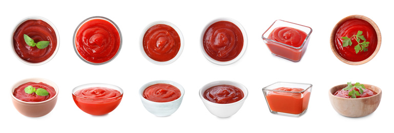 Image of Set of tasty tomato sauce on white background