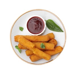 Photo of Tasty fried mozzarella sticks served with tomato sauce and basil isolated on white, top view