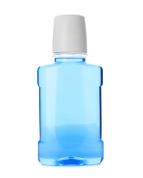 Photo of Bottle with mouthwash for teeth care on white background