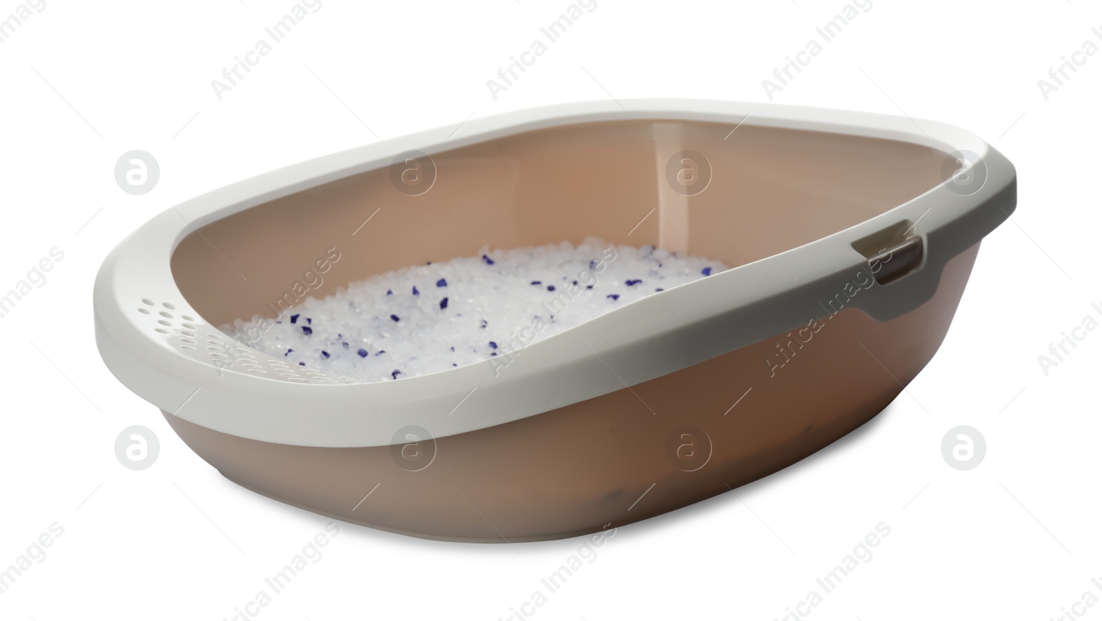 Photo of Beige cat litter tray with filler isolated on white