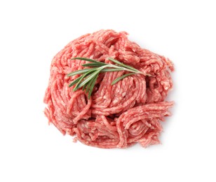 Photo of Pile of fresh raw ground meat and rosemary isolated on white, above view
