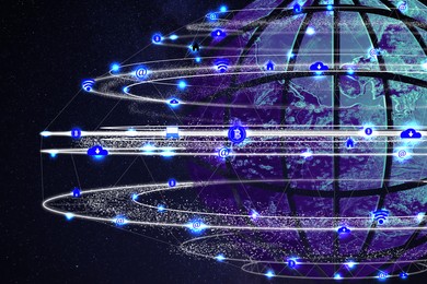 Illustration of Global network. Earth and internet connection lines in starry sky