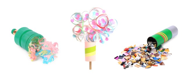 Image of Collage with party poppers isolated on white