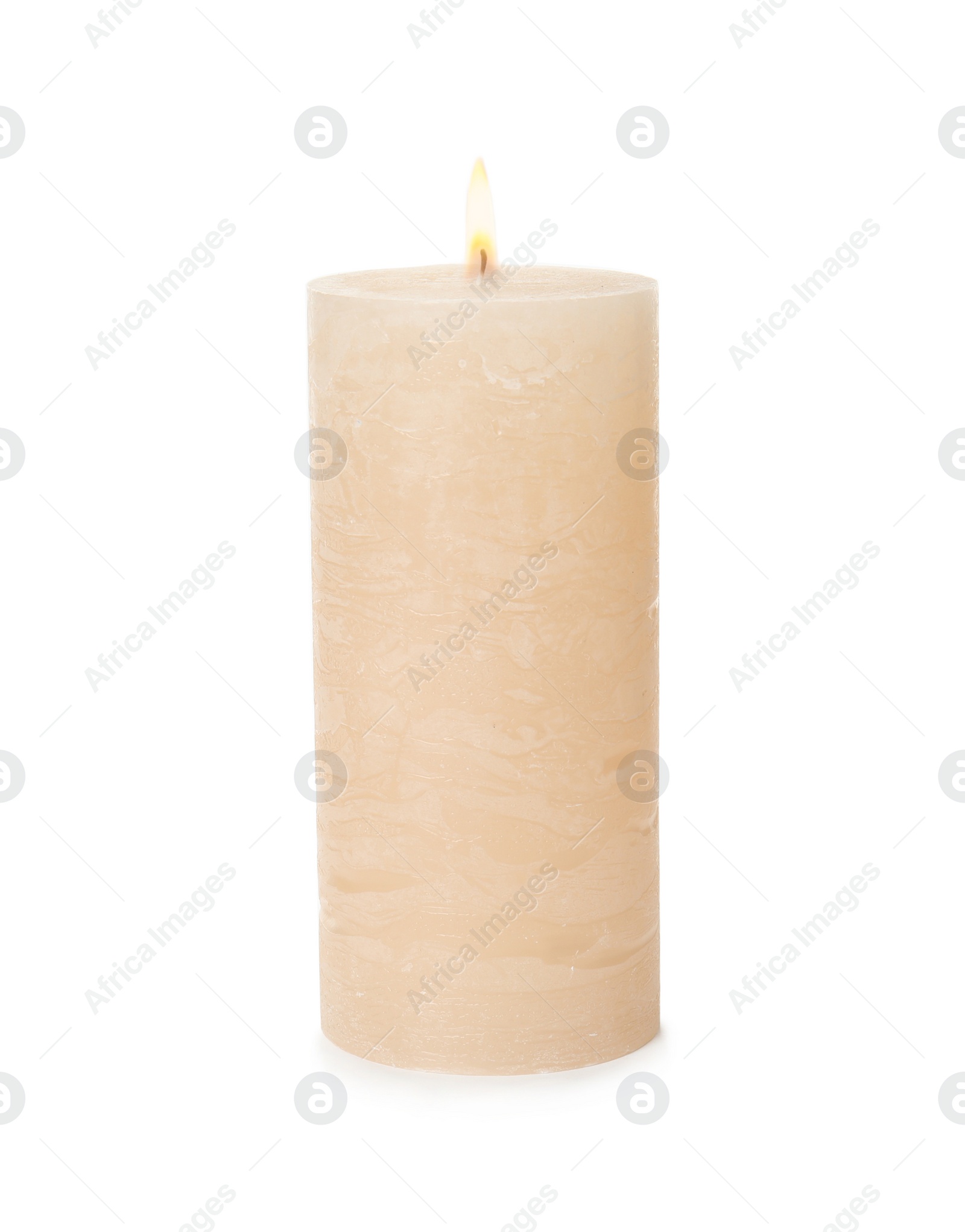 Photo of One alight wax candle on white background