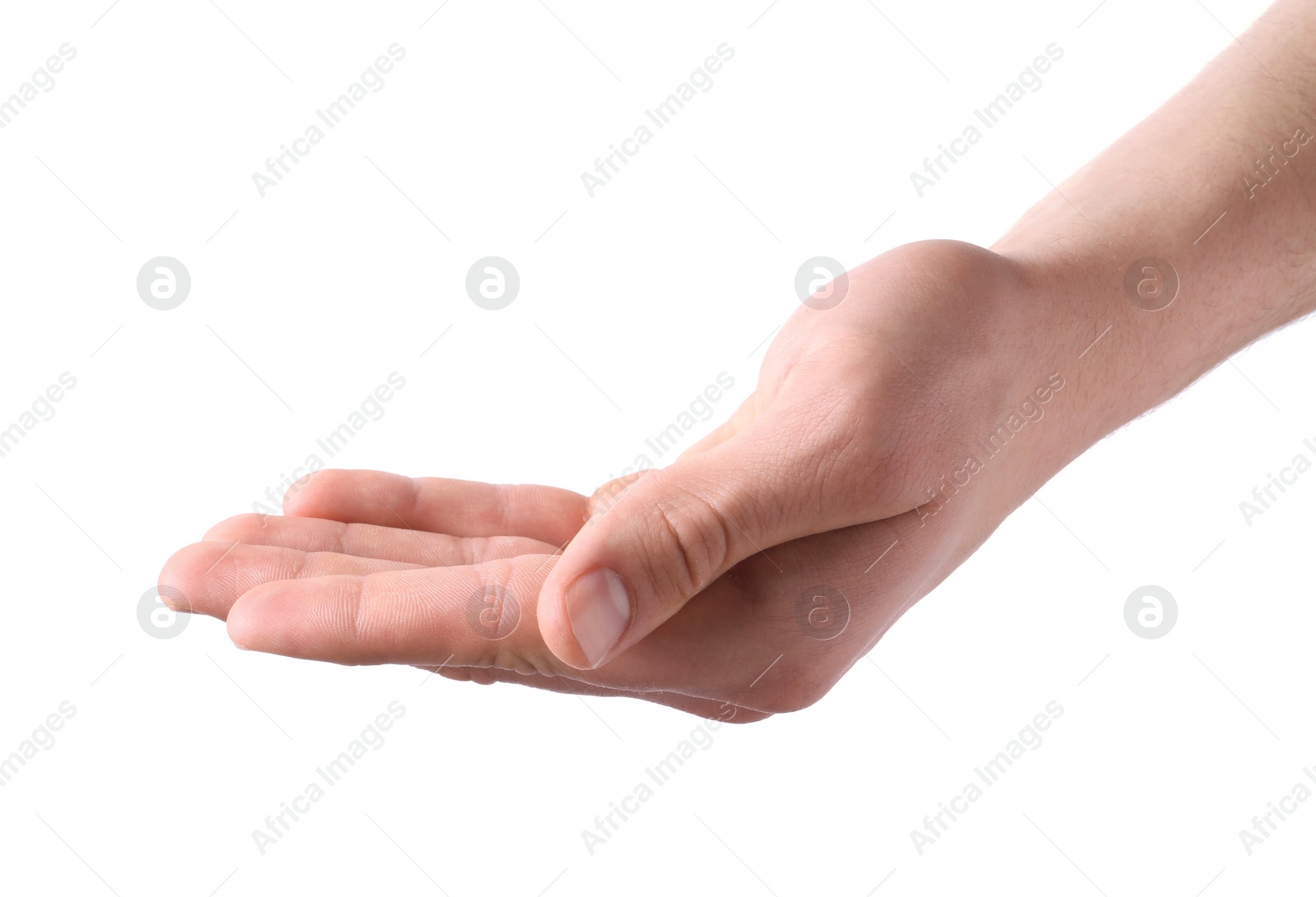 Photo of Man holding hand on white background, closeup