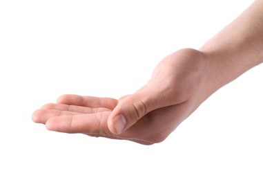 Photo of Man holding hand on white background, closeup