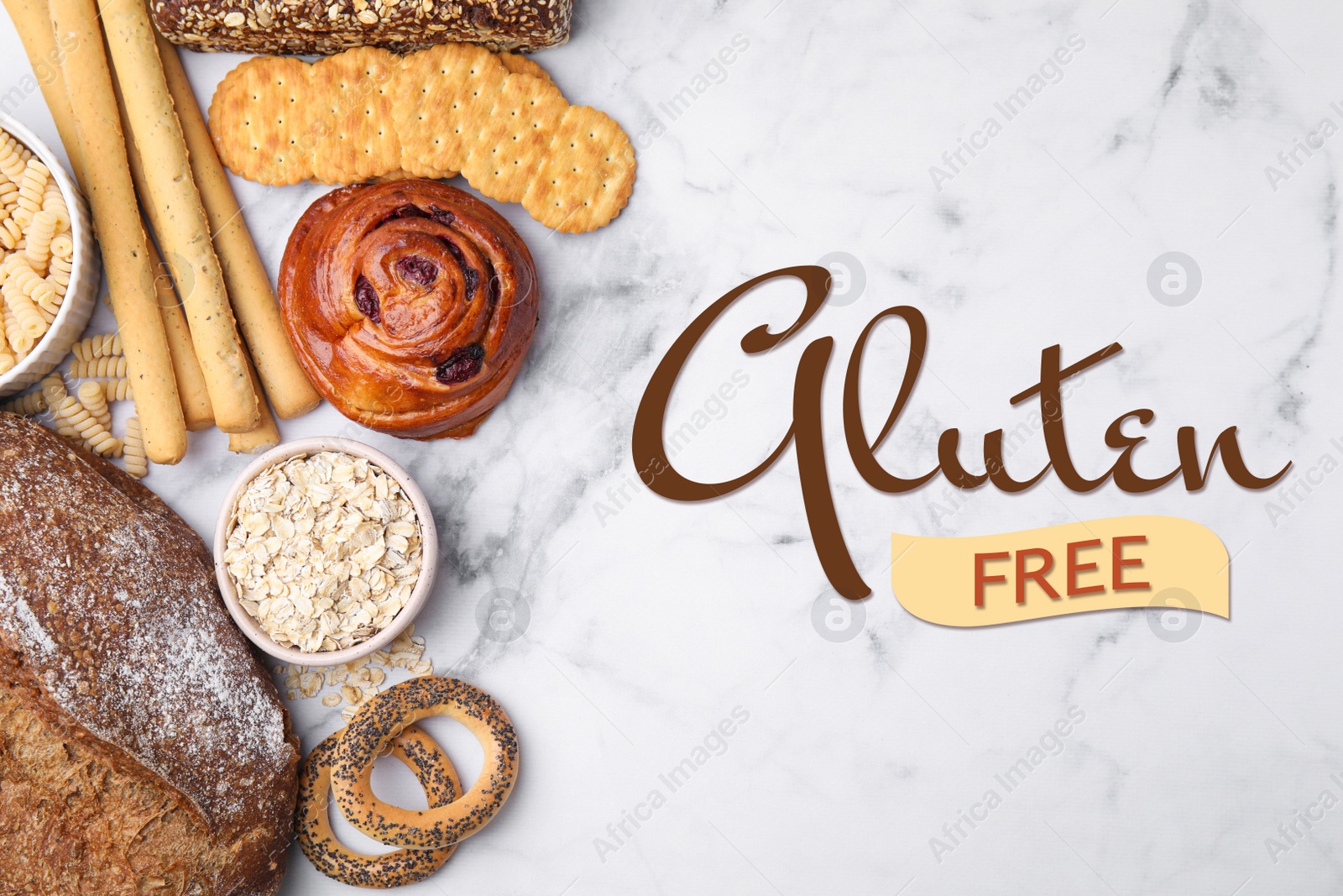 Image of Different gluten free products on white marble table, flat lay