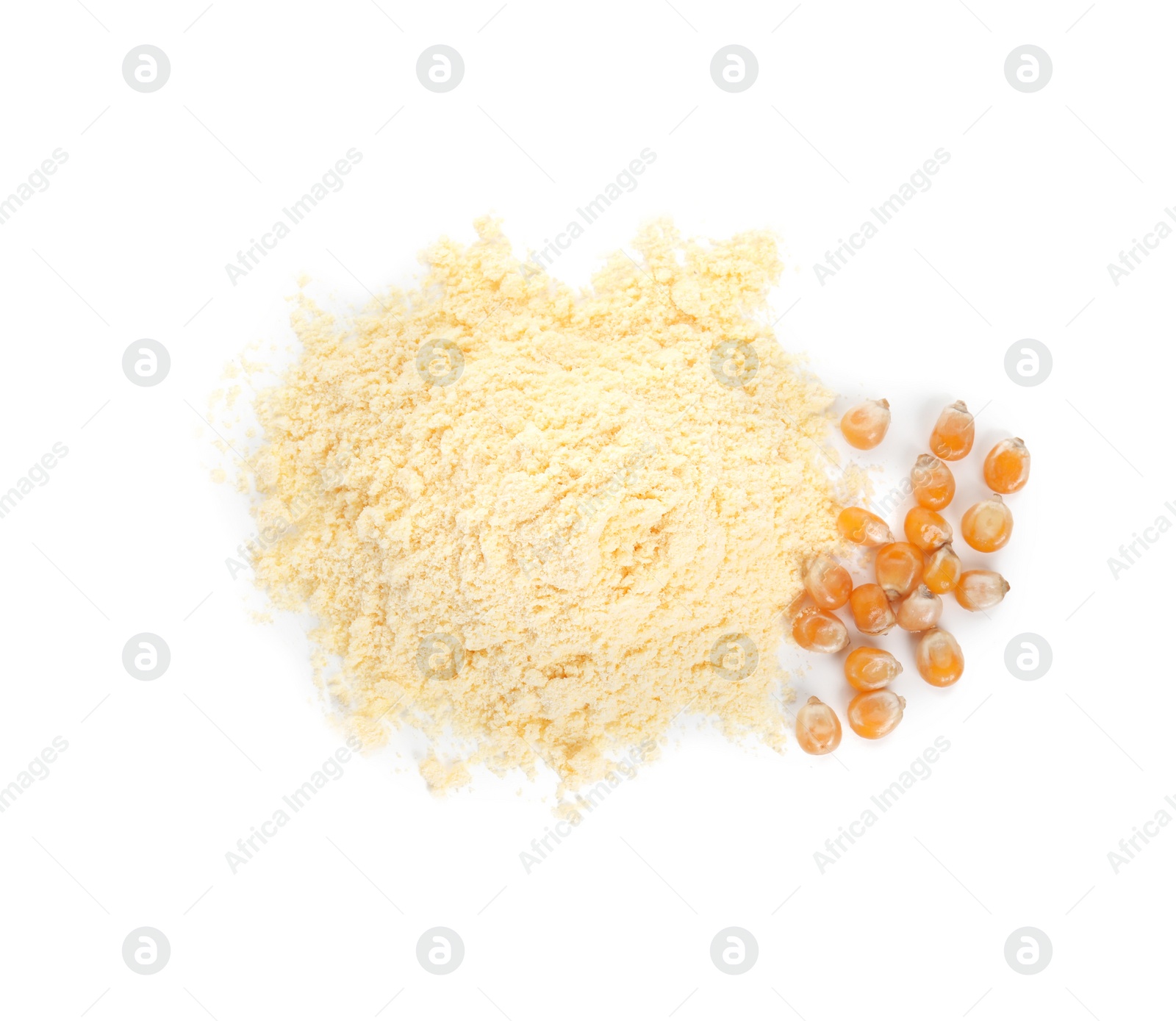 Photo of Pile of corn flour and seeds isolated on white, top view