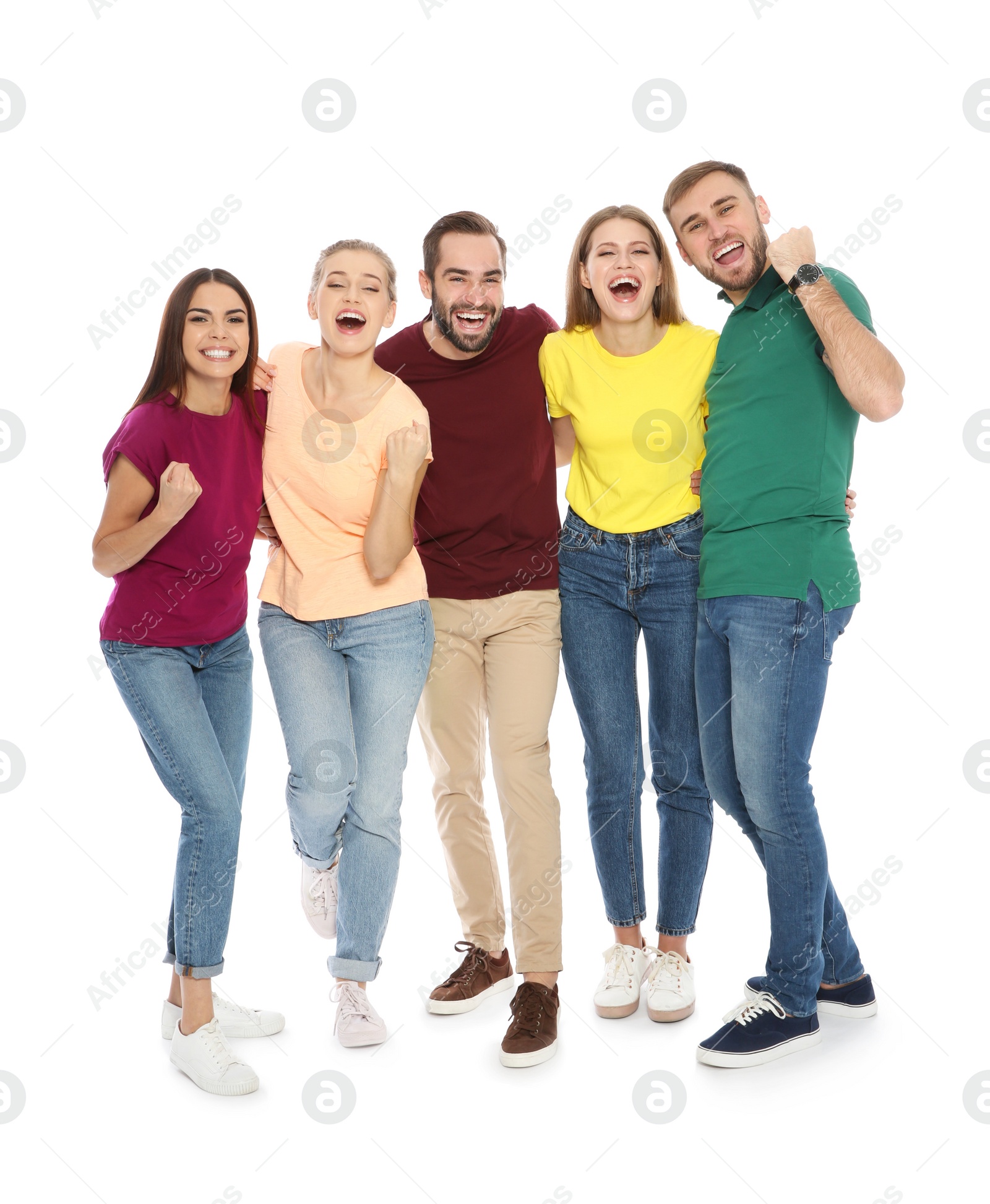 Photo of Young people celebrating victory on white background