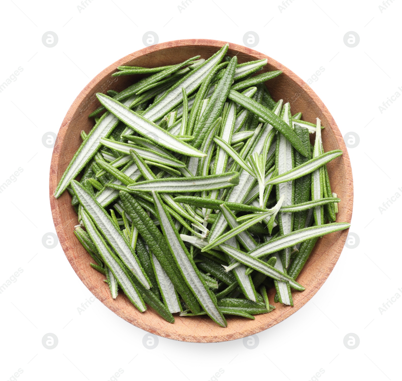 Photo of Wooden bowl of fresh green rosemary leaves on white background, top view