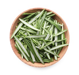 Photo of Wooden bowl of fresh green rosemary leaves on white background, top view
