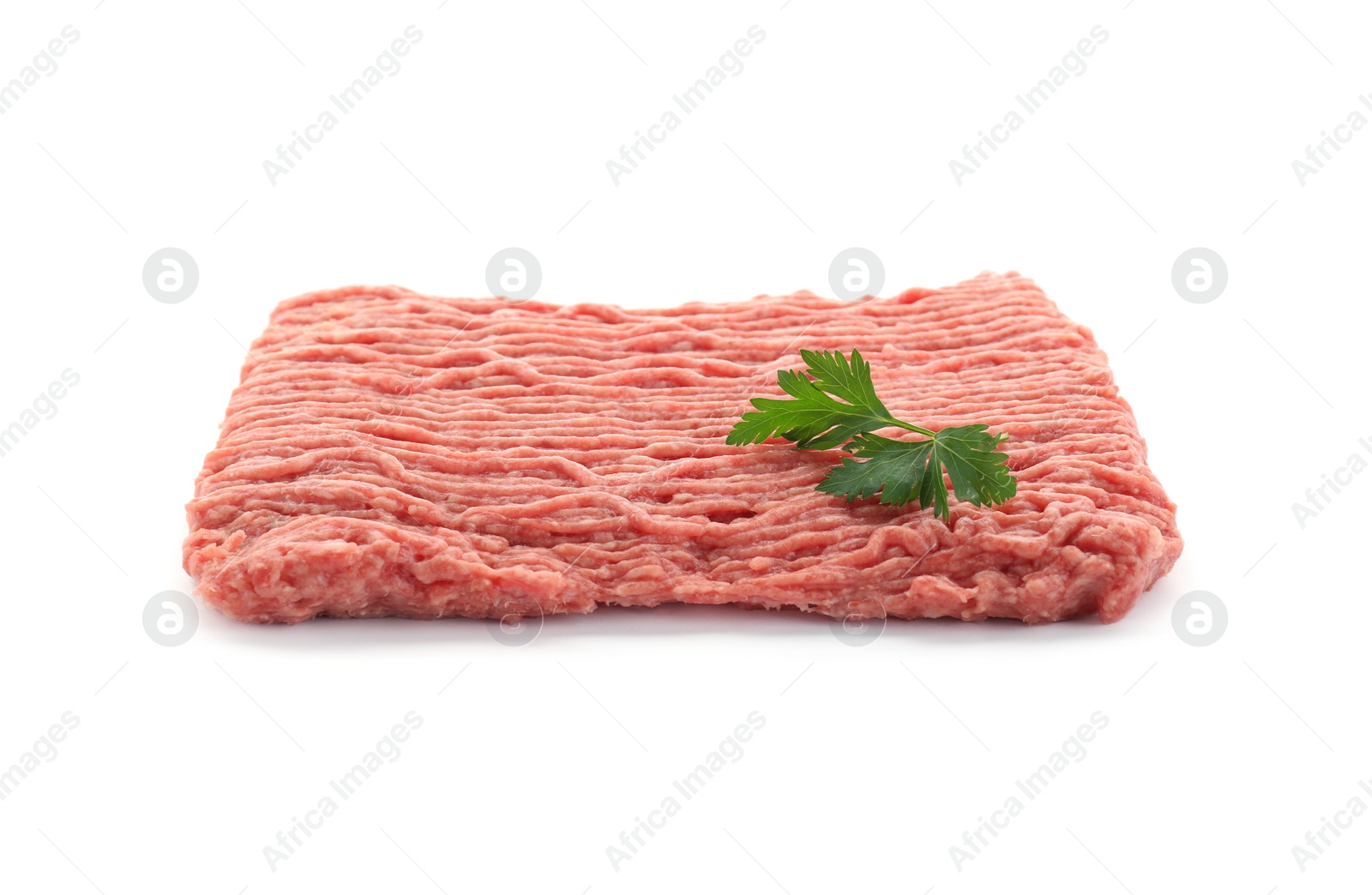 Photo of Raw fresh minced meat with parsley isolated on white