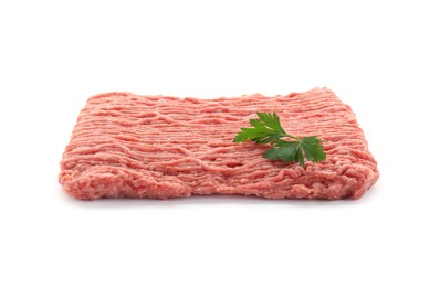 Photo of Raw fresh minced meat with parsley isolated on white