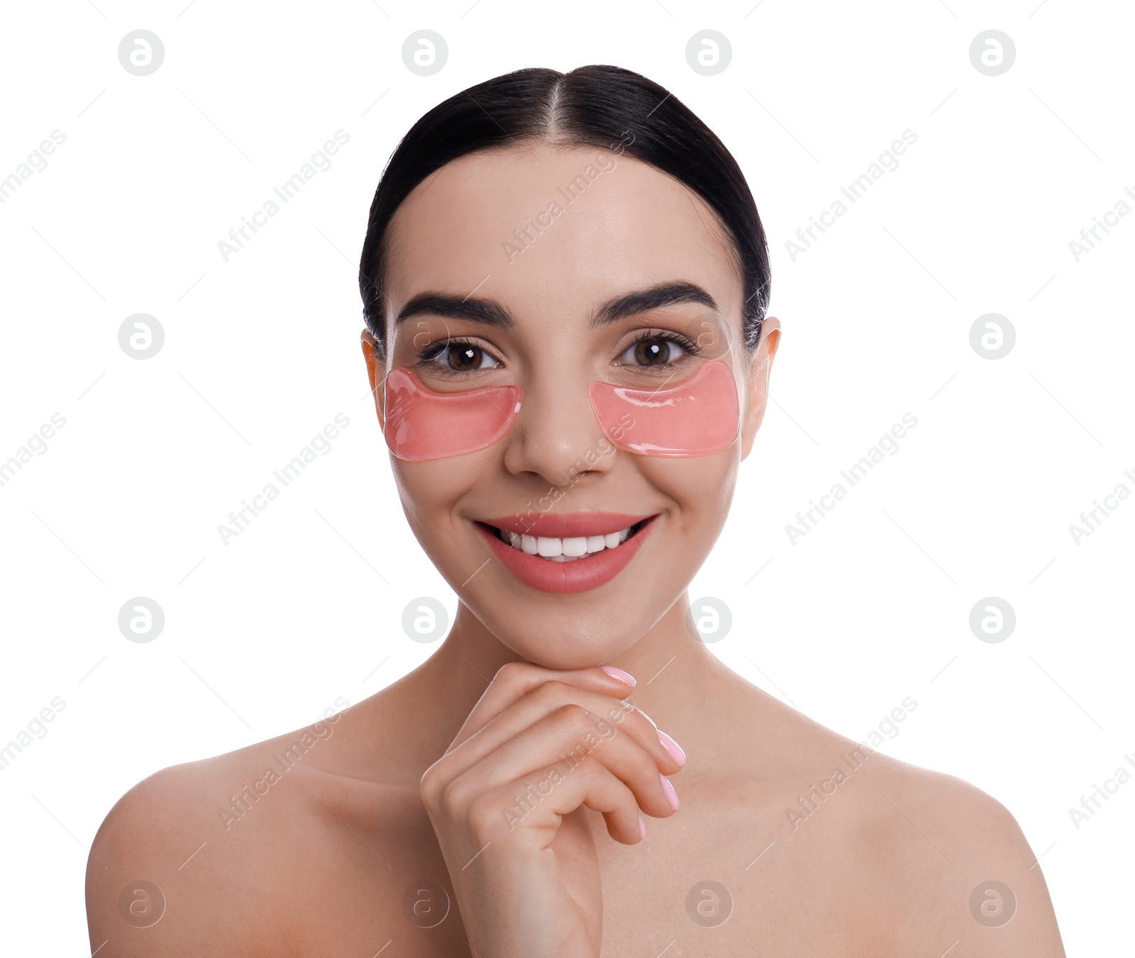 Photo of Beautiful young woman with under eye patches on white background