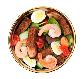 Delicious salad with croutons, tomatoes and shrimp isolated on white, top view