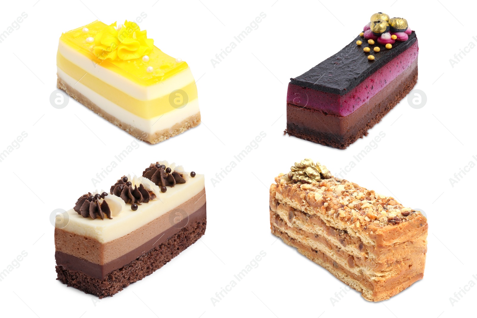 Image of Collage with different delicious cakes on white background