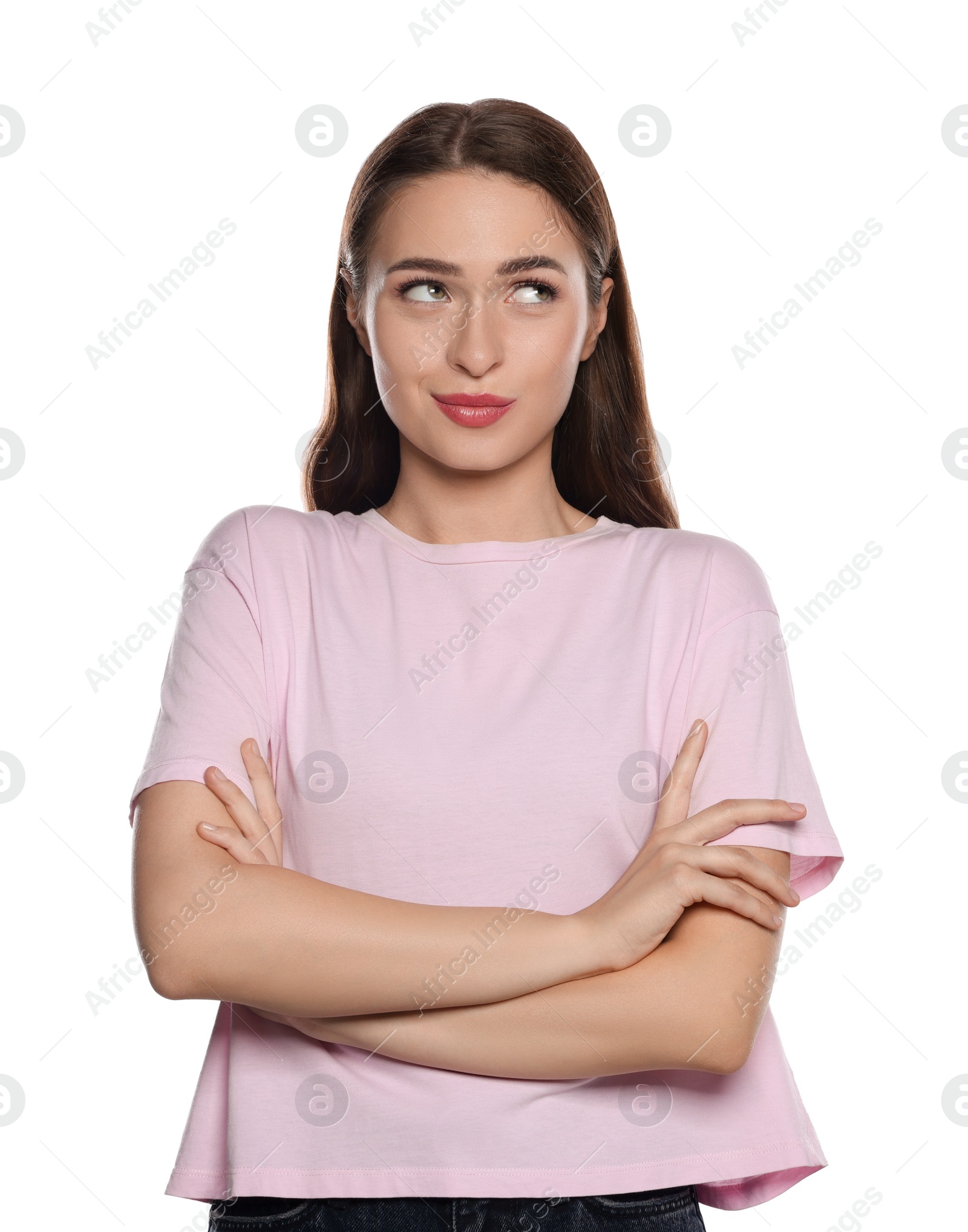 Photo of Embarrassed young woman in shirt on white background