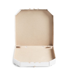 Open cardboard pizza box on white background