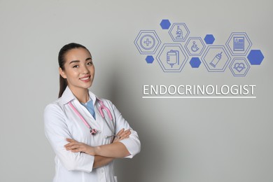Image of Endocrinologist, word and different icons on grey background