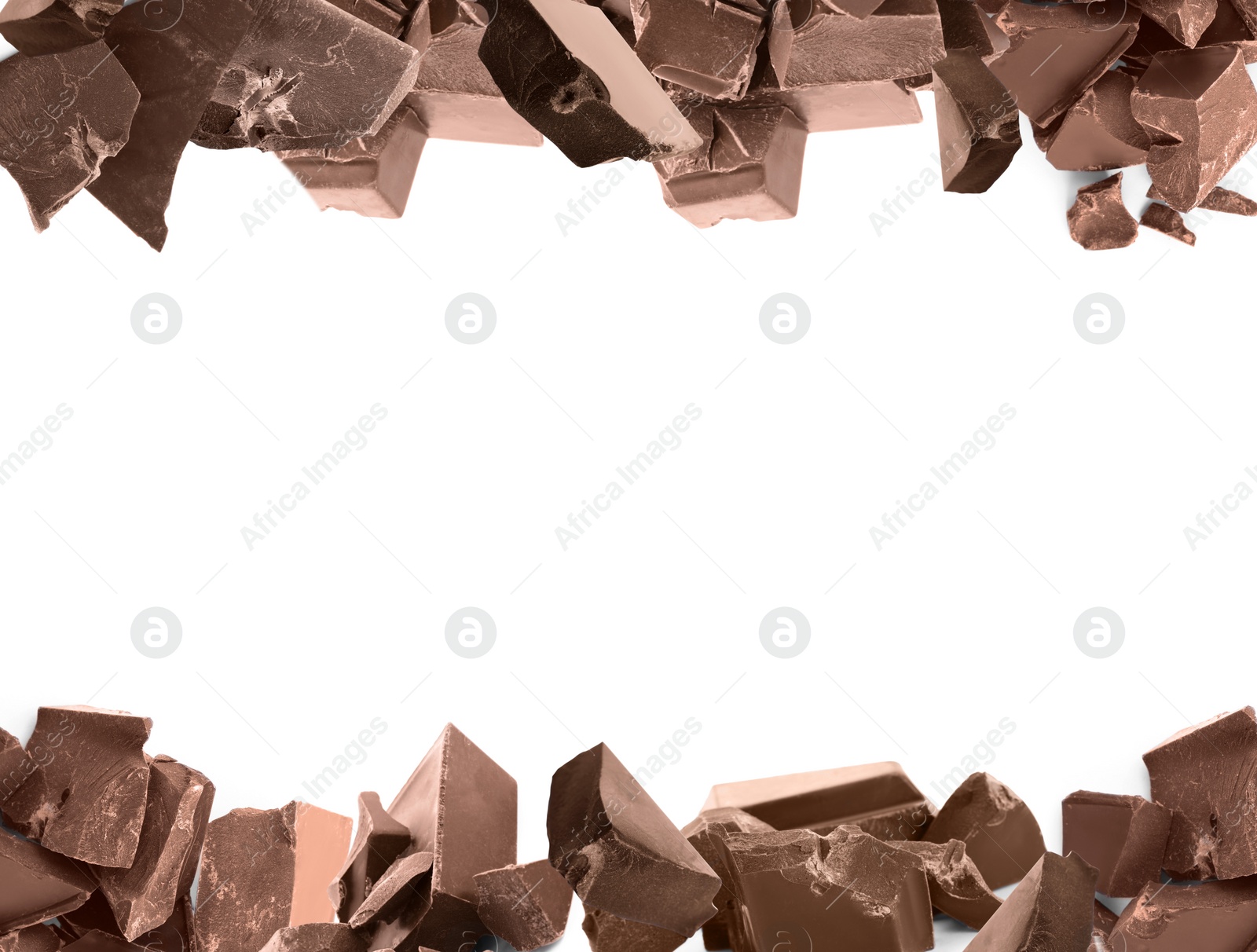 Image of Set with delicious chocolate chunks on white background. Space for design