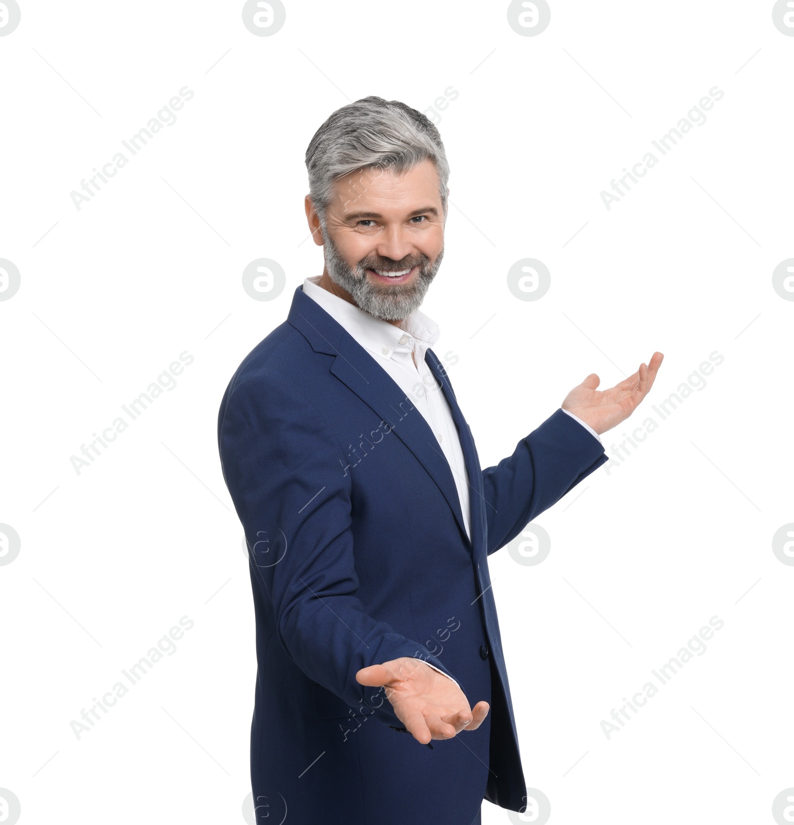 Photo of Mature businessman in stylish clothes posing on white background