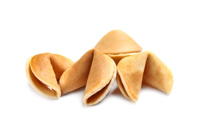 Photo of Traditional homemade fortune cookies on white background