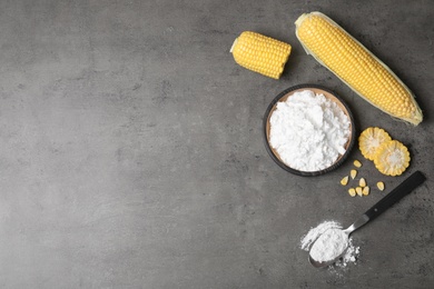 Photo of Flat lay composition with corn starch and space for text on grey background