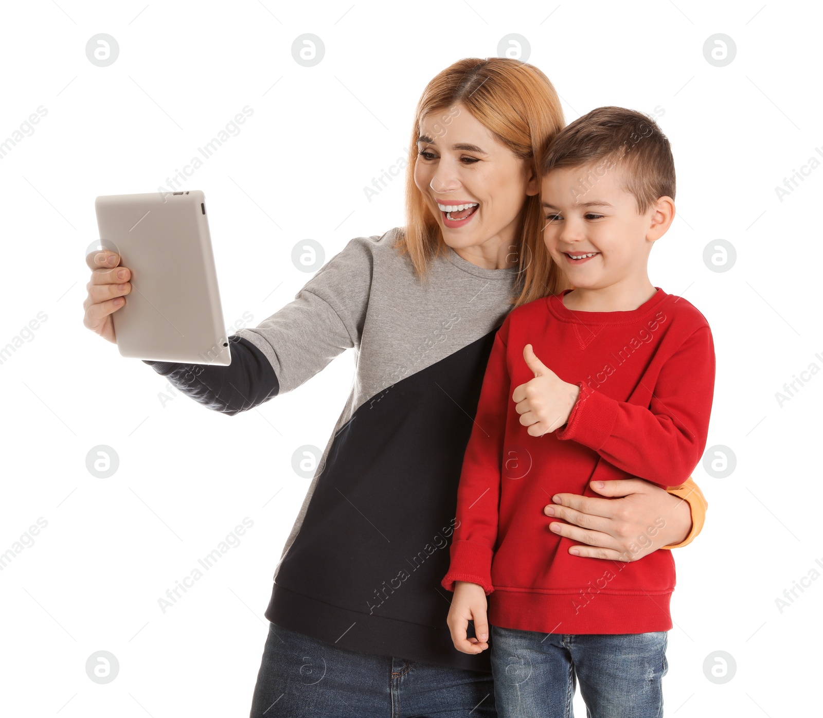 Photo of Mother and her son using video chat on tablet against white background